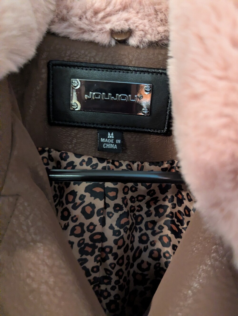 Joujou,Brown Moto Jacket with Pink Faux Fur Collar, Size M - Picture 3 of 3